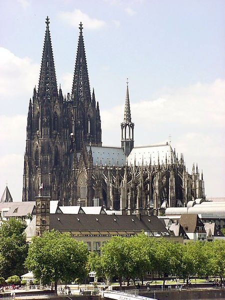 Cologne Cathedral in Germany show how German architects interpreted the Gothic style with raised aisle columns along with the nave. The cathedral is the largest Gothic church in Northern Europe and has the second-tallest spires and largest facade of any church in the world.