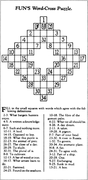 The first crossword puzzle, created by Arthur Wynne, published in the New York World on December 21, 1913. (Source)