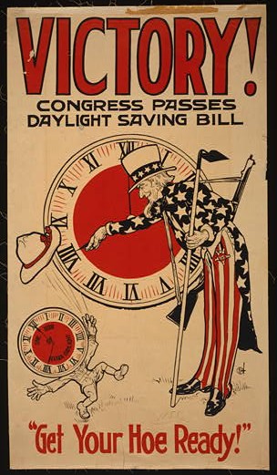 World War I poster showing Uncle Sam turning a clock to Daylight Savings time as a clock-headed figure throws his hat in the air. The clock face of the figure reads "One hour of extra daylight." The poster was sponsored by United Cigar Stores Company. Photo Credit: Library of Congress
