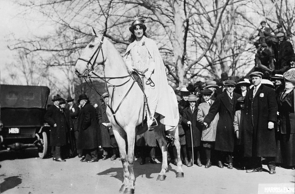 Lawyer Inez Milholland prepares to lead the Suffrage Parade, on March 3, 1913. (Library of Congress)