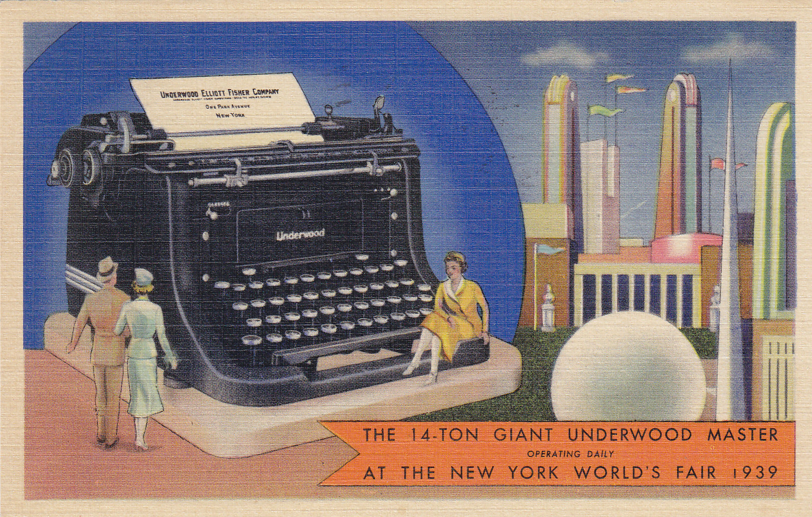 Postcard featuring the 14-ton Giant Underwood Master Typewriter on display at the World's Fair. Photo Credit: Moore's Postcard Museum