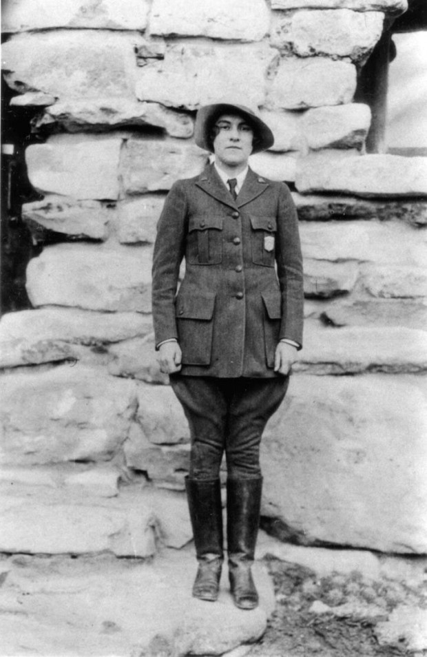 Polly Mead Patraw, the first female ranger-naturalist at the Grand Canyon, dressed in her uniform in 1931.