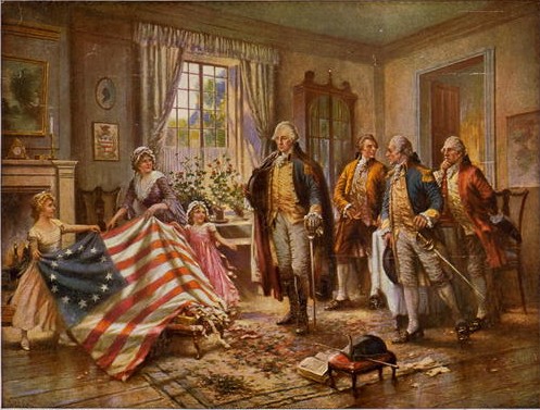 "The Birth of Old Glory" - Betsy Ross (presumably) and two girls showing United States flag to George Washington and three other men. Painting by Percy Moran, ca. 1917. Photo Credit: Library of Congress