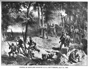Charge of the 2nd Maryland Infantry, CSA into the "slaughterpen" at Culp's Hill, Battle of Gettysburg, July 3, 1863. So severe were the casualties among the Marylanders that General Steuart is said to have broken down and wept, wringing his hands and crying "my poor boys". Photo Credit: Source